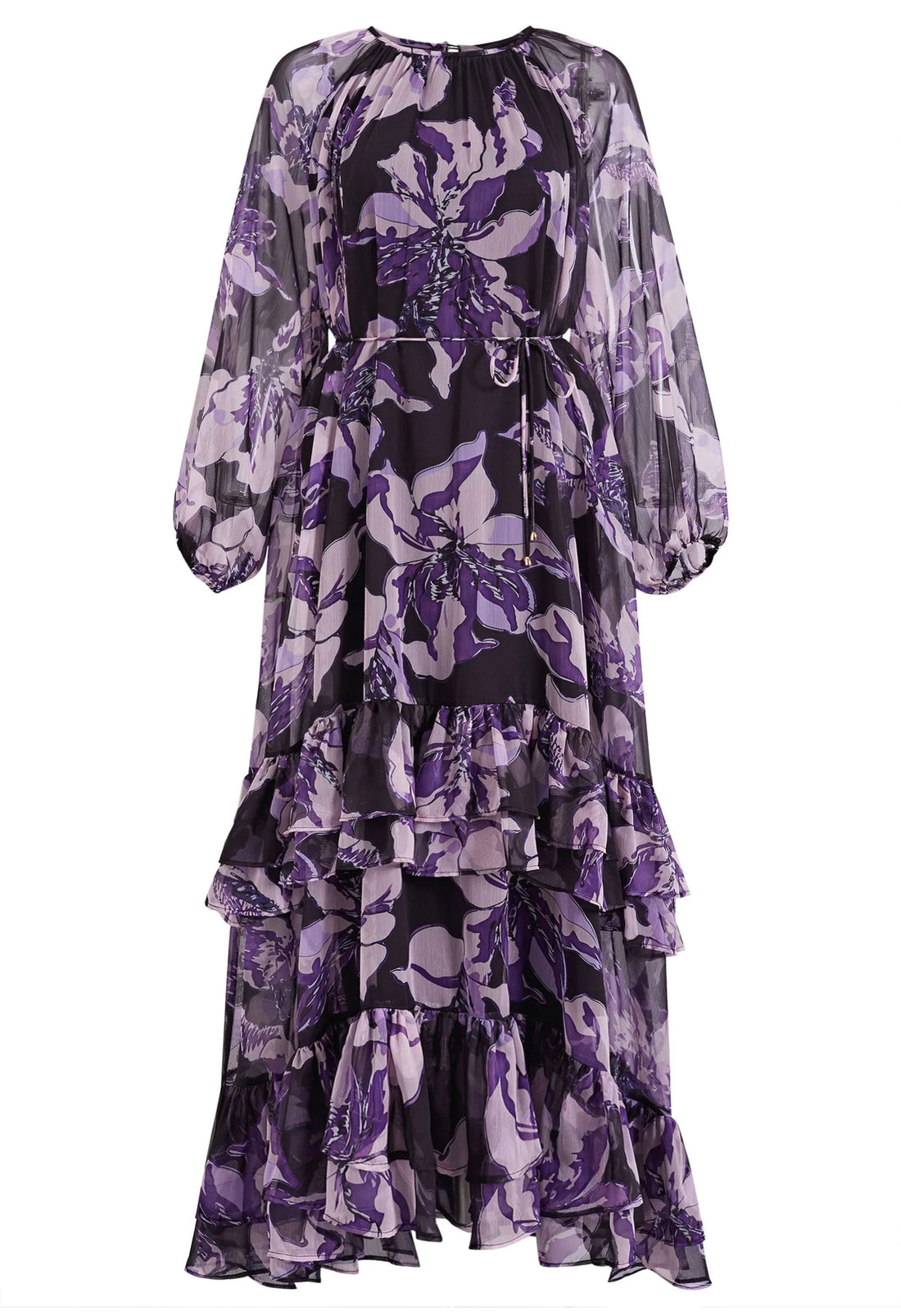 Purple Vintage Floral Tiered Ruffle Chiffon Puff Sleeve Maxi Dress