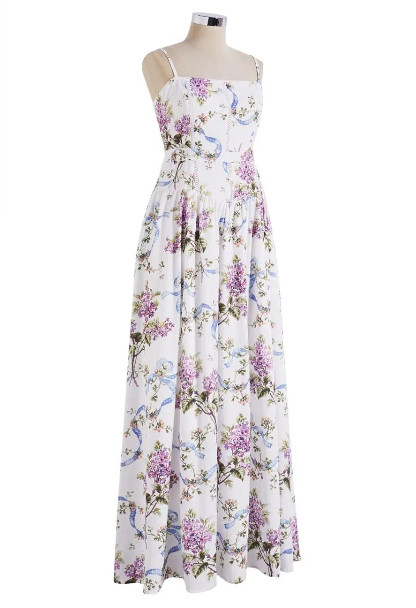 Lilac Ribbon Floral Ladder‑Lace Adjustable Spaghetti Strap Maxi Dress