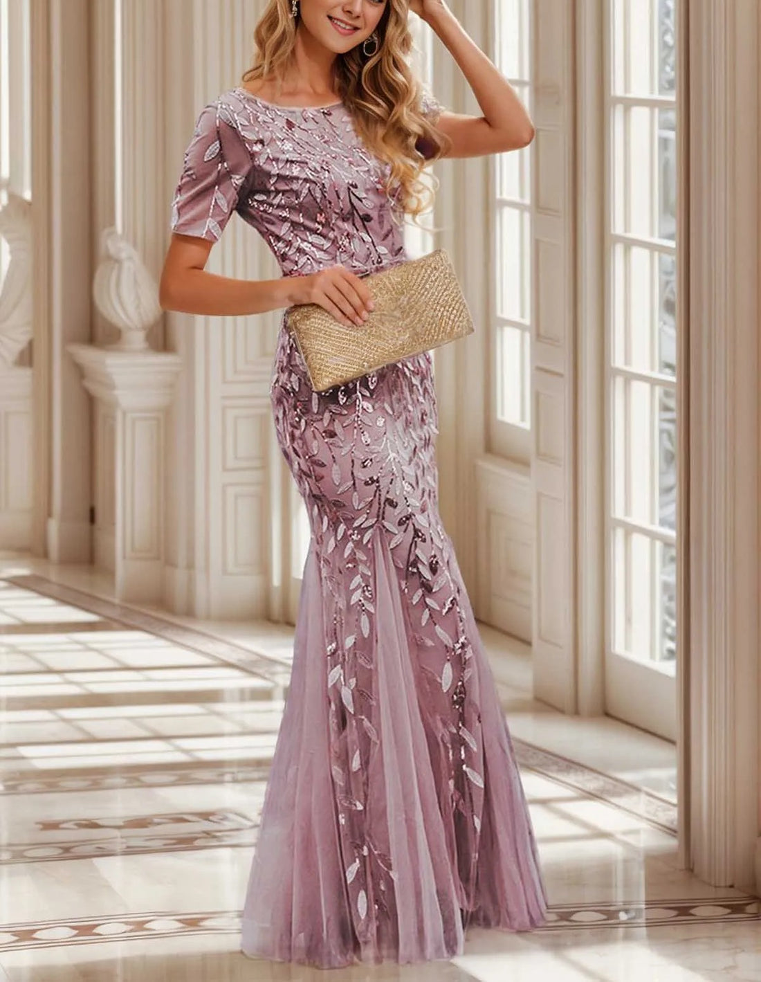 Mauve Leaves Branch Sequin Mesh Panel Mermaid Evening Gown
