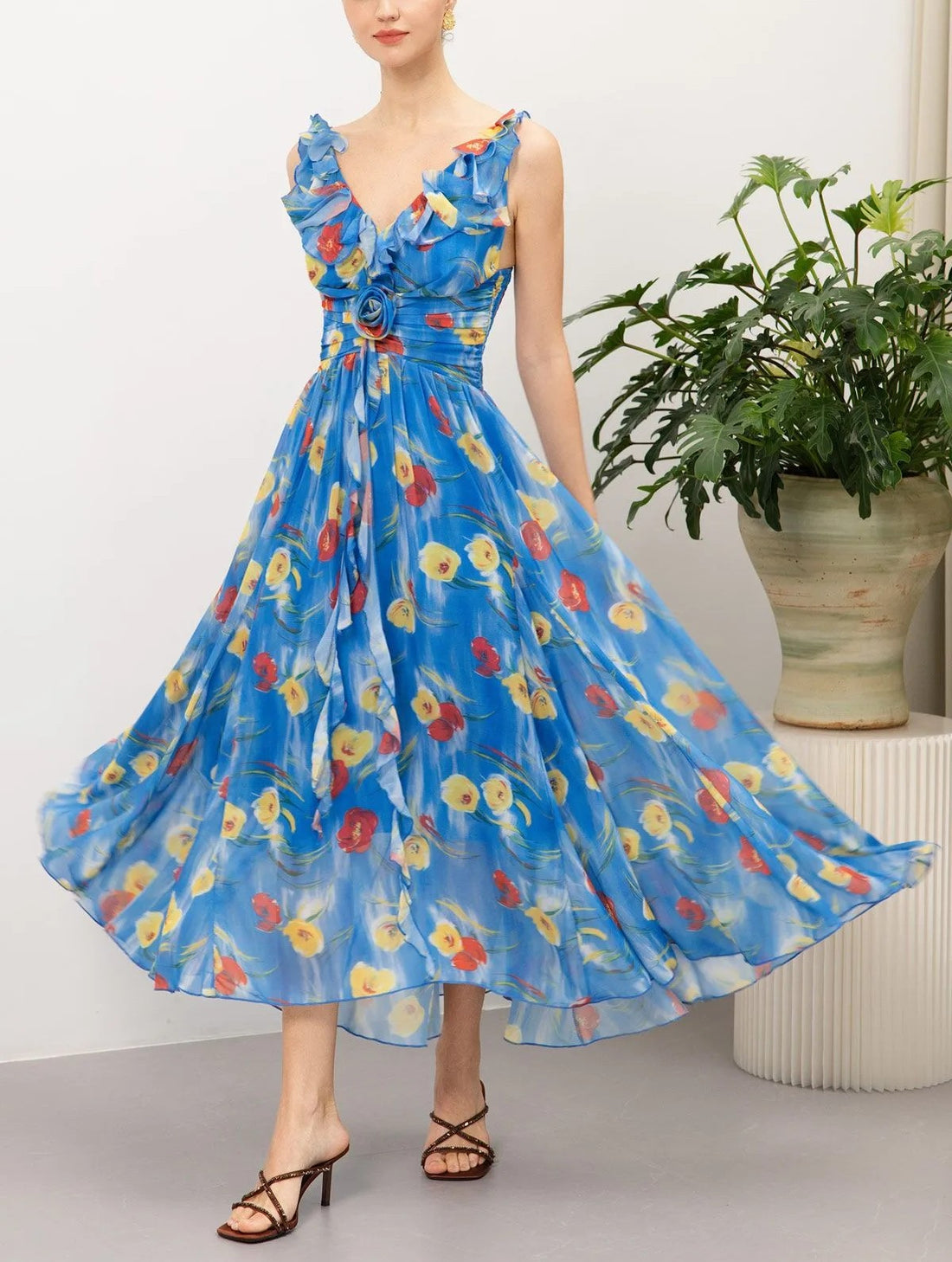 Blue Painterly Floral Rosette Ruffled Chiffon Adjustable Strap Maxi Dress