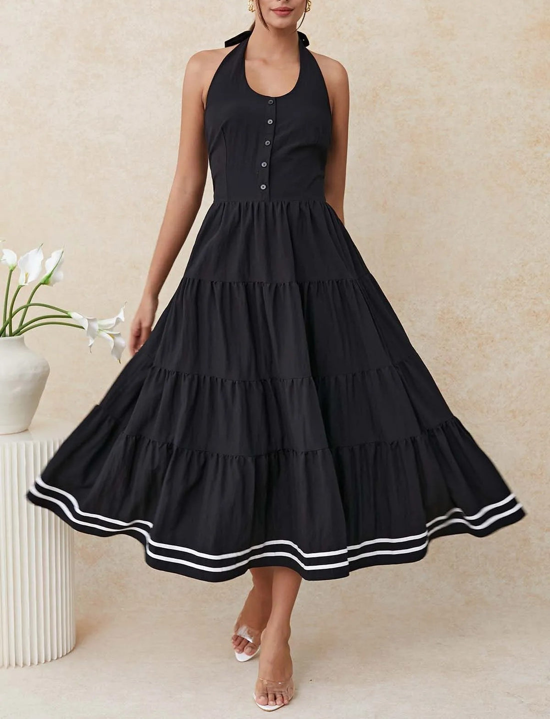 Black Striped Hem Self‑Tie Halter Tiered Midi Dress