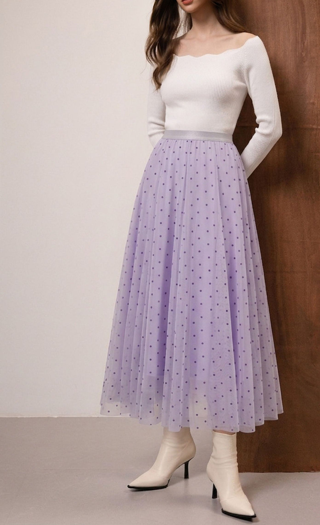 Lilac Polka Dot Double‑Layer Tulle Flowy Maxi Skirt
