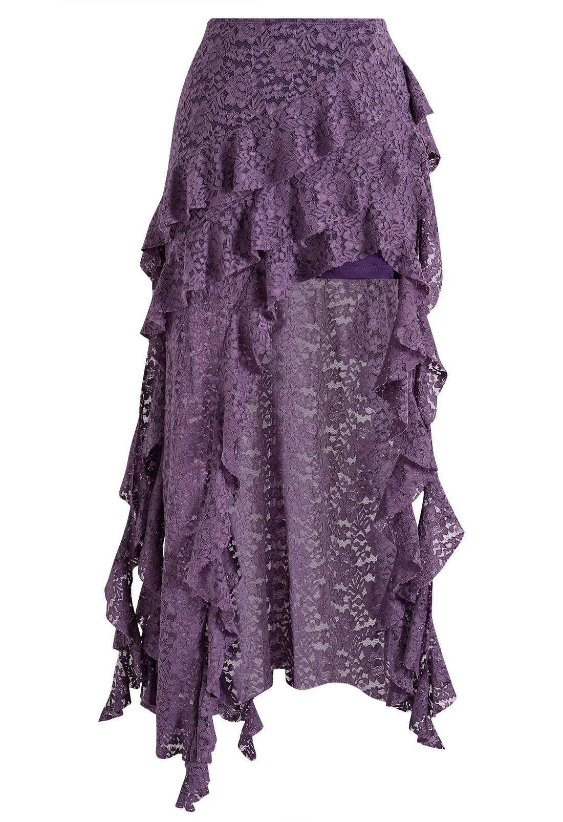 Purple Cascading Ruffle Irregular Hem Hollow Lace Maxi Skirt